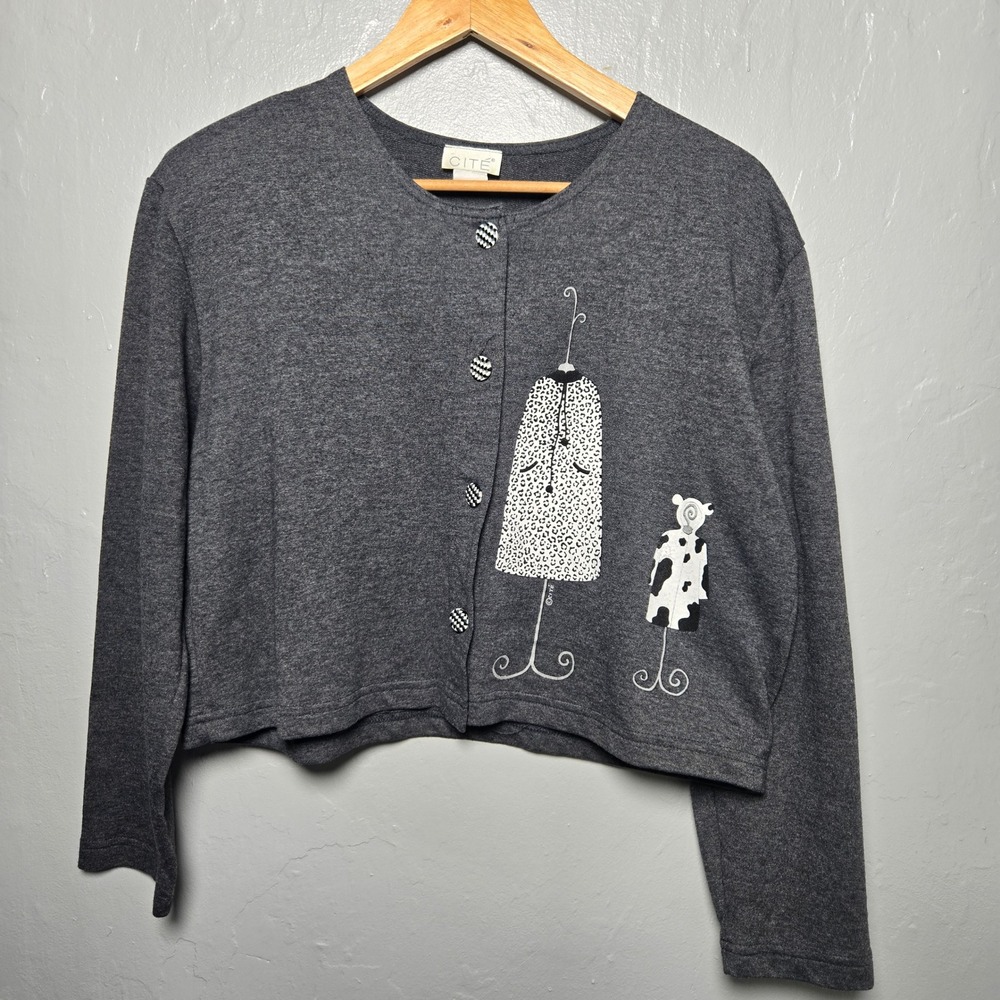 Cite Cropped Cardigan Grey Animal Print Art Wear Whimsical Graphic Large